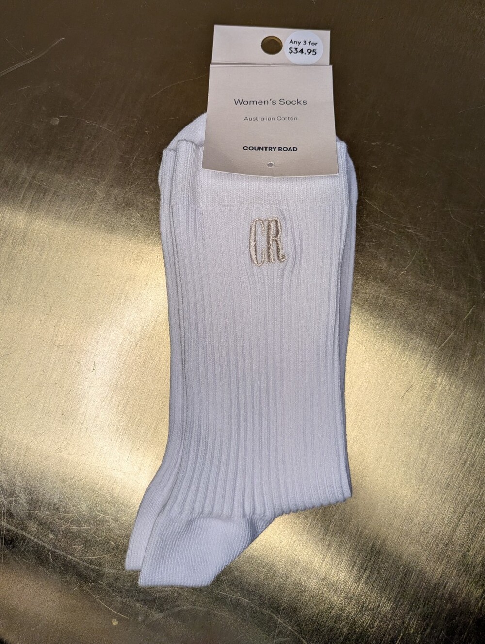 Country Road White Ribbed Cotton Crew Socks with Embroidered CR